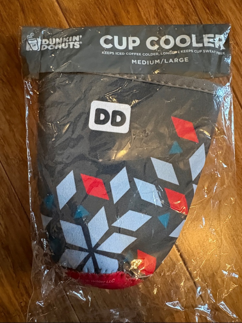 Dunkin' Donuts DD Cup Cooler - Gray with Red & Light Blue Geometric Print